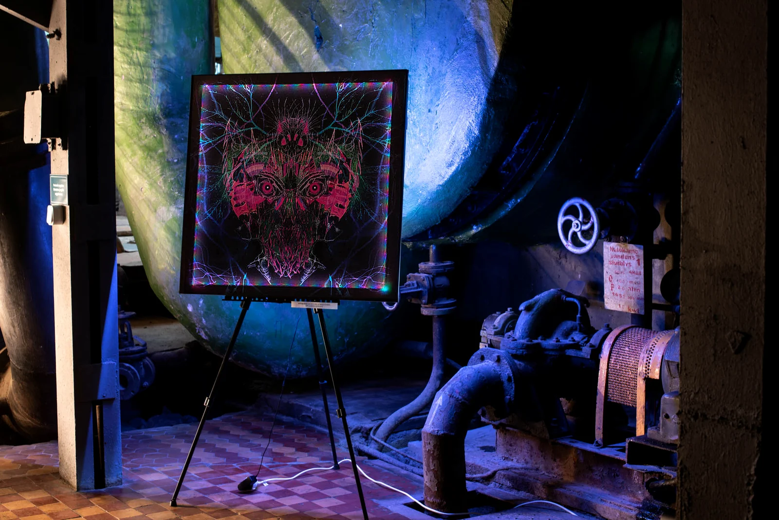Nine Doors to Perception — an LED-backlit mixed-media artwork glowing in the exhibition space