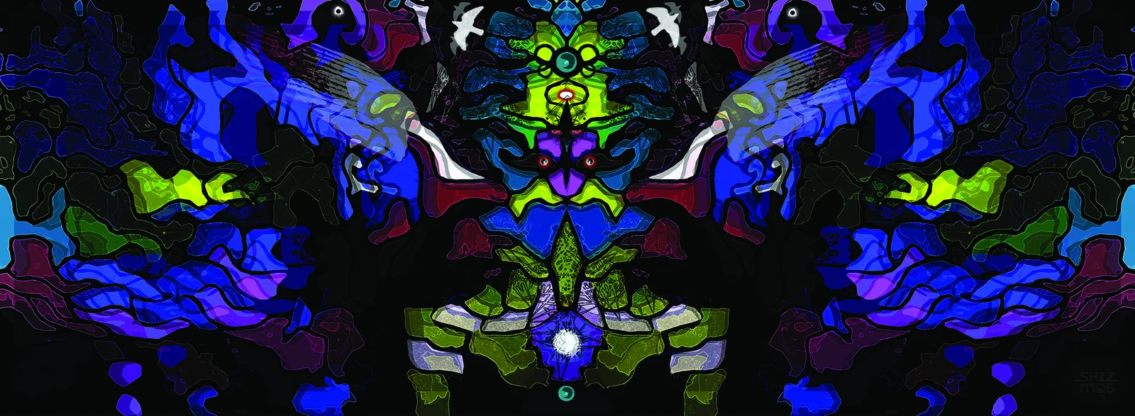 Nine Doors to Perception — a wide panoramic glowing green composition