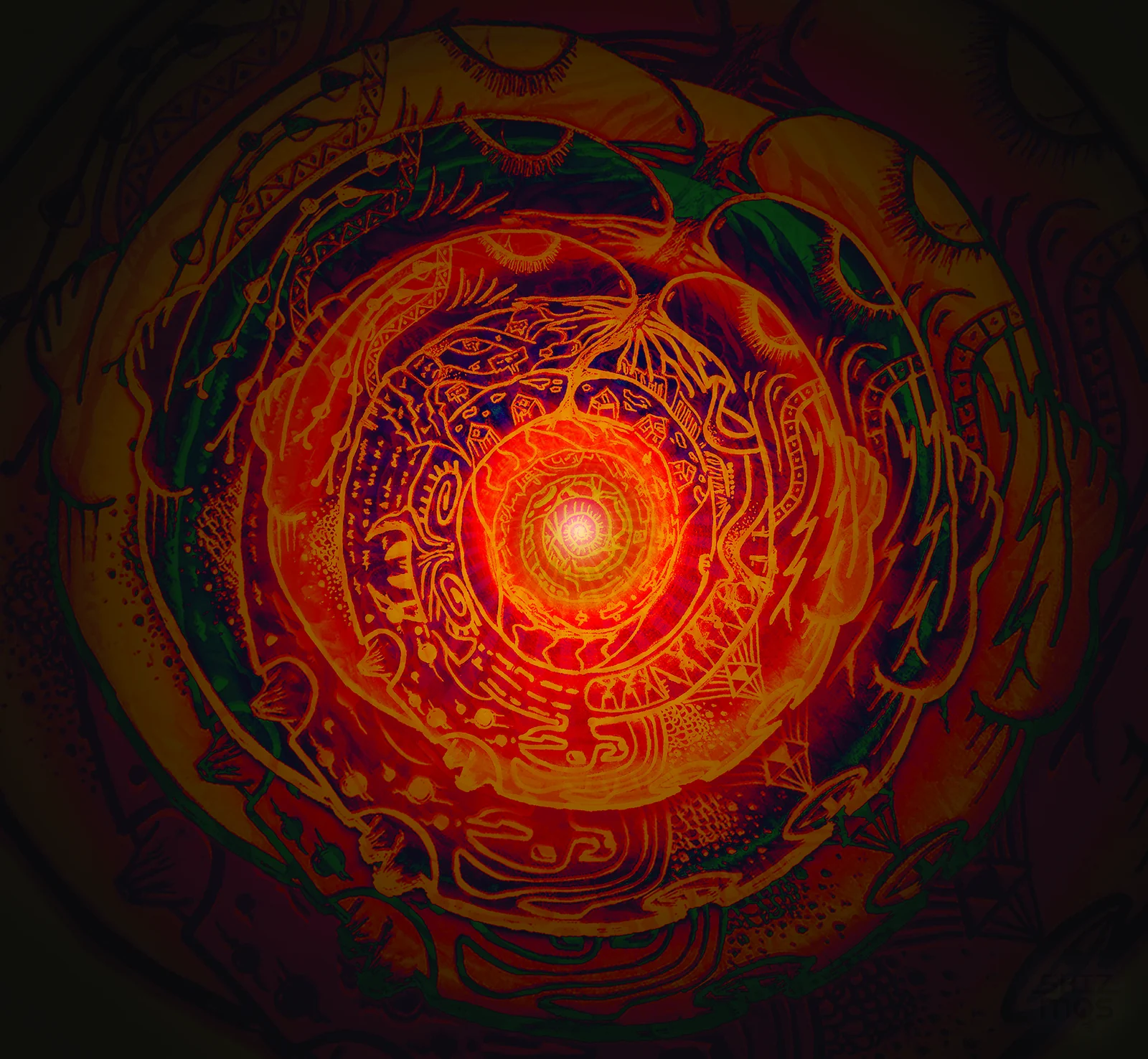 Nine Doors to Perception — a fiery red and orange mandala with a glowing centre