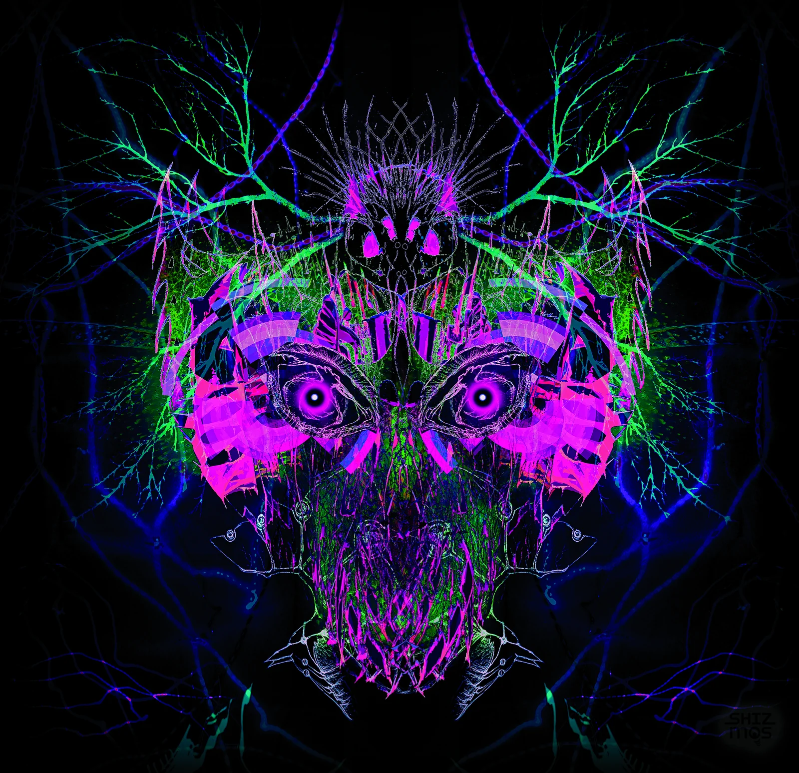 Nine Doors to Perception — a symmetrical face with glowing magenta eyes amid neon branches