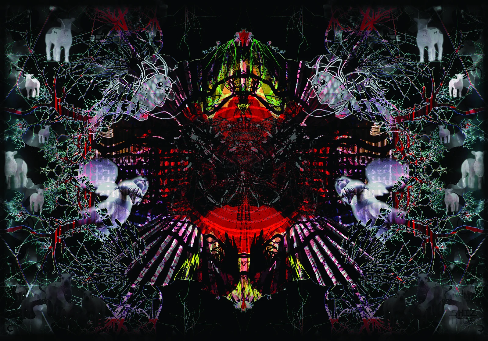 Nine Doors to Perception — a red and black symmetrical composition with pale lambs