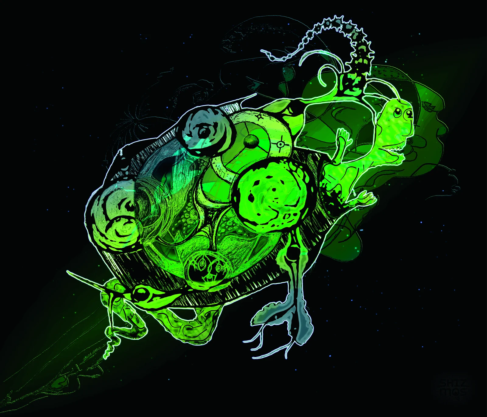 Nine Doors to Perception — a green glowing cosmic turtle-like creature against a starfield