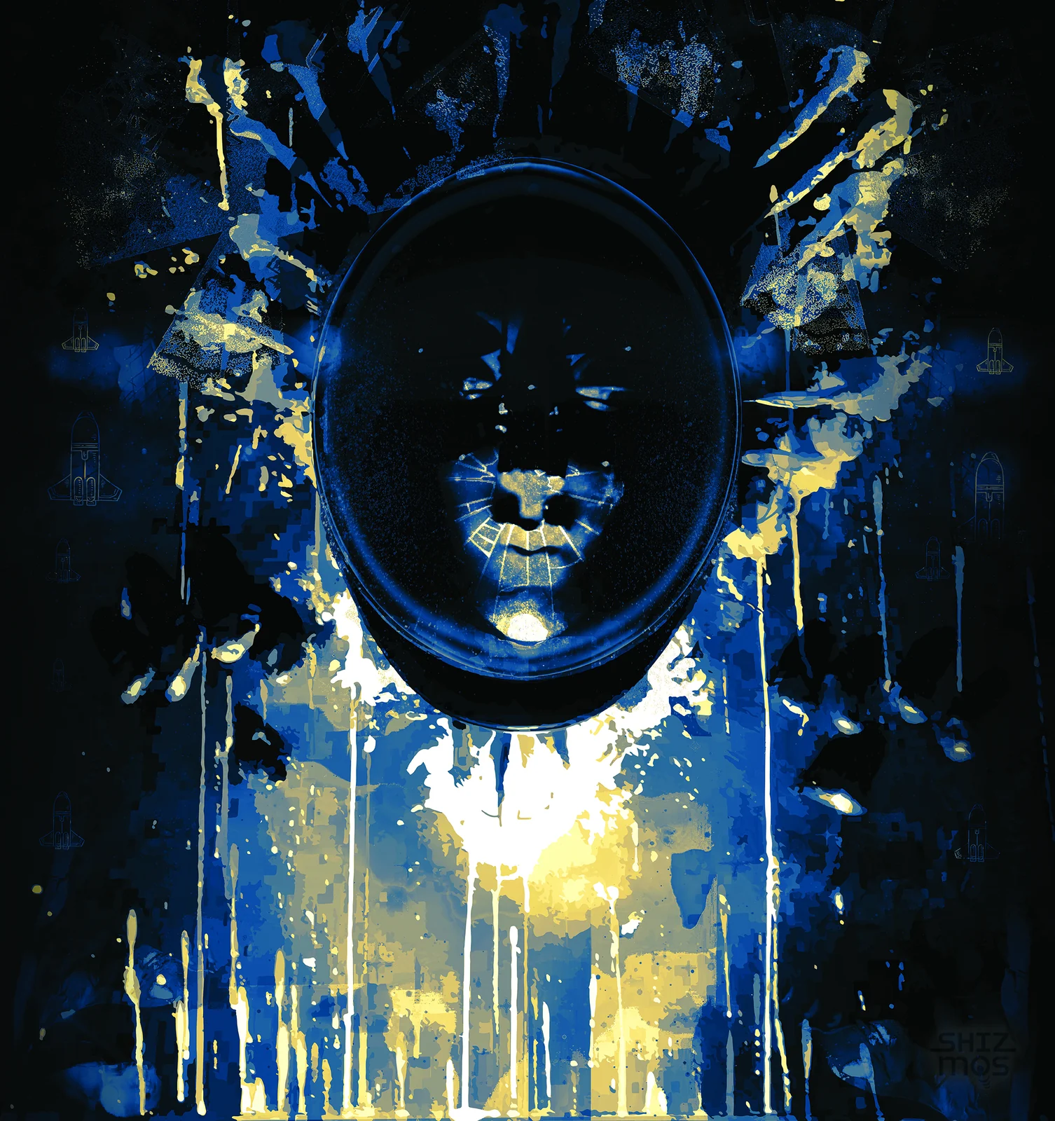 Nine Doors to Perception — a dark mask face amid blue and gold dripping paint