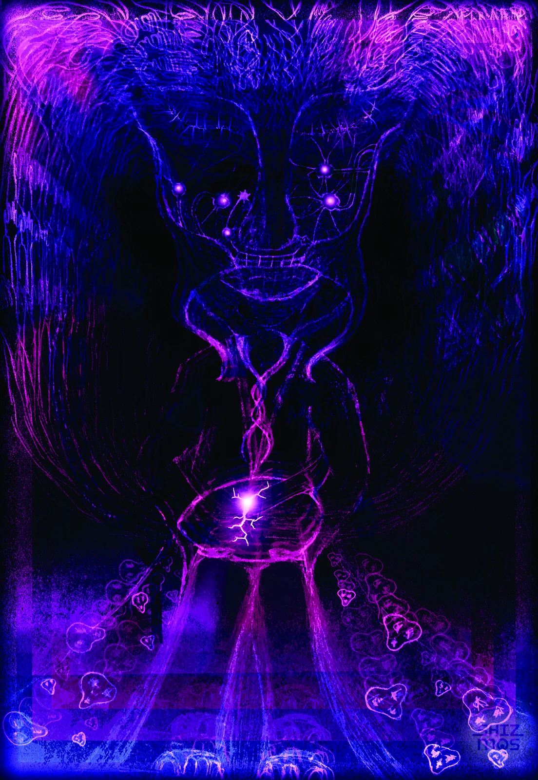 Nine Doors to Perception — a violet and blue figure over a glowing orb