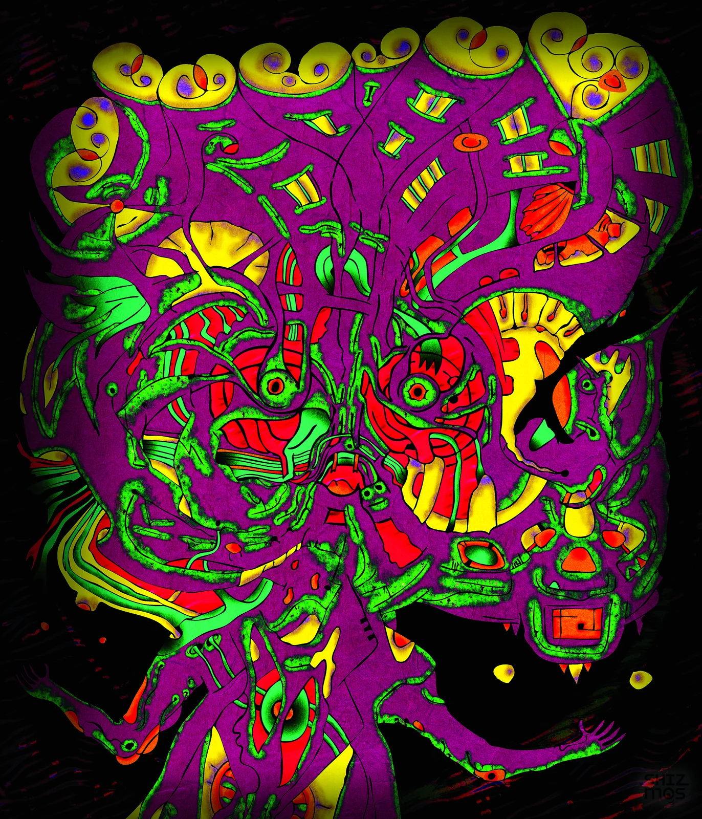 Nine Doors to Perception — a vivid purple, green and yellow psychedelic creature