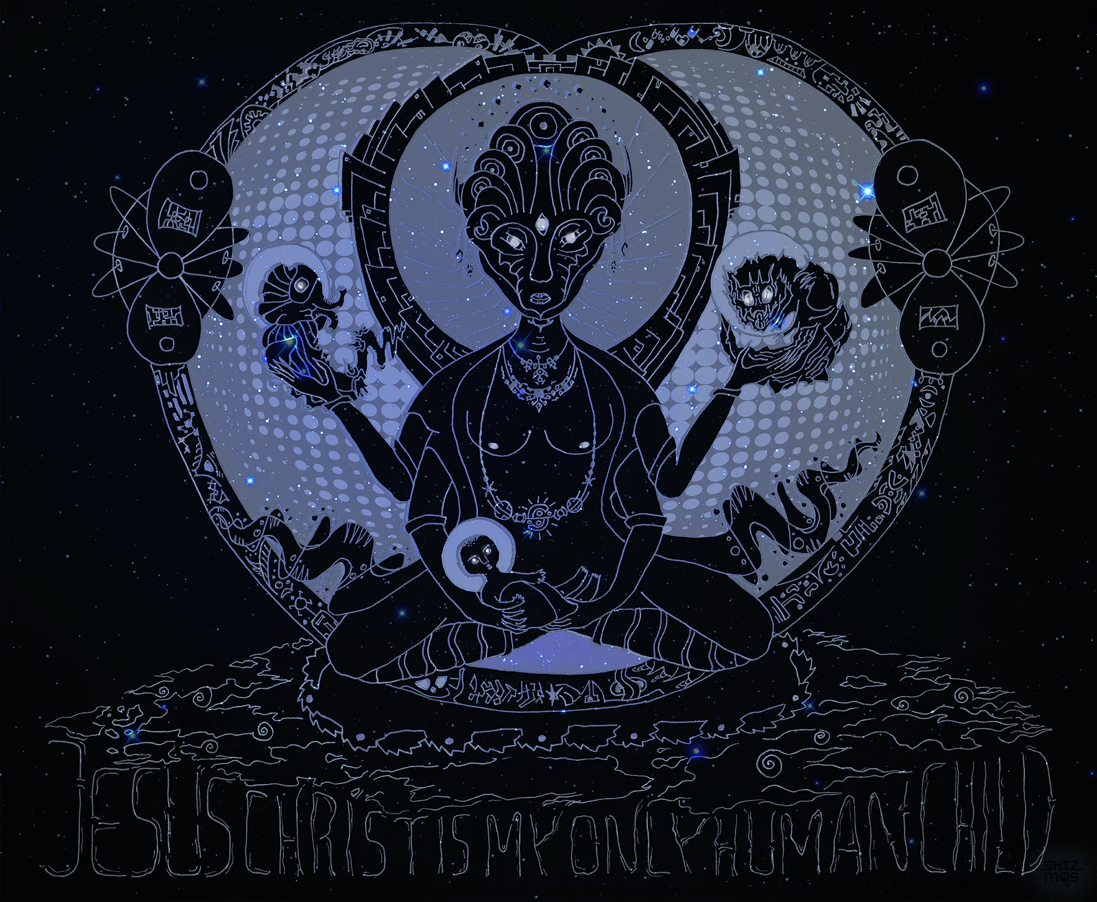Nine Doors to Perception — a seated cosmic figure cradling a child, “Jesus Christ Is My Only Human Child”